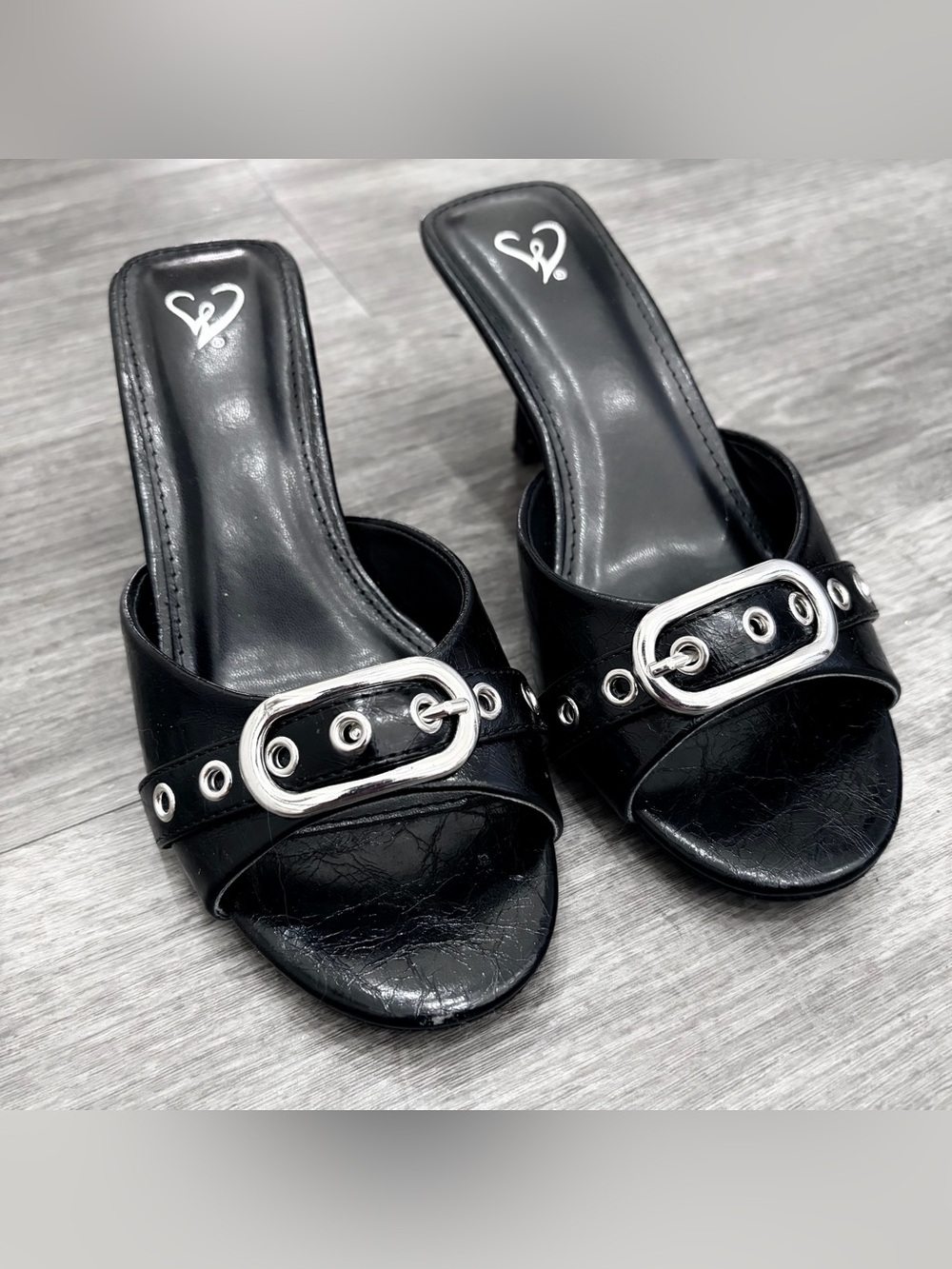 Windsor Black Open-Toe Mule with Silver Buckle Detail heels